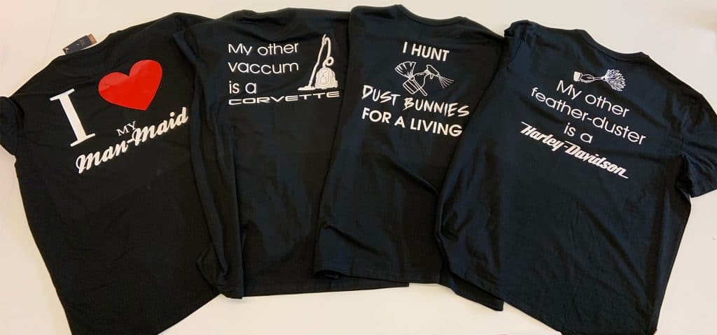 custom printed apparel, four custom designed t-shirts, one says "I hunt dust bunnies"